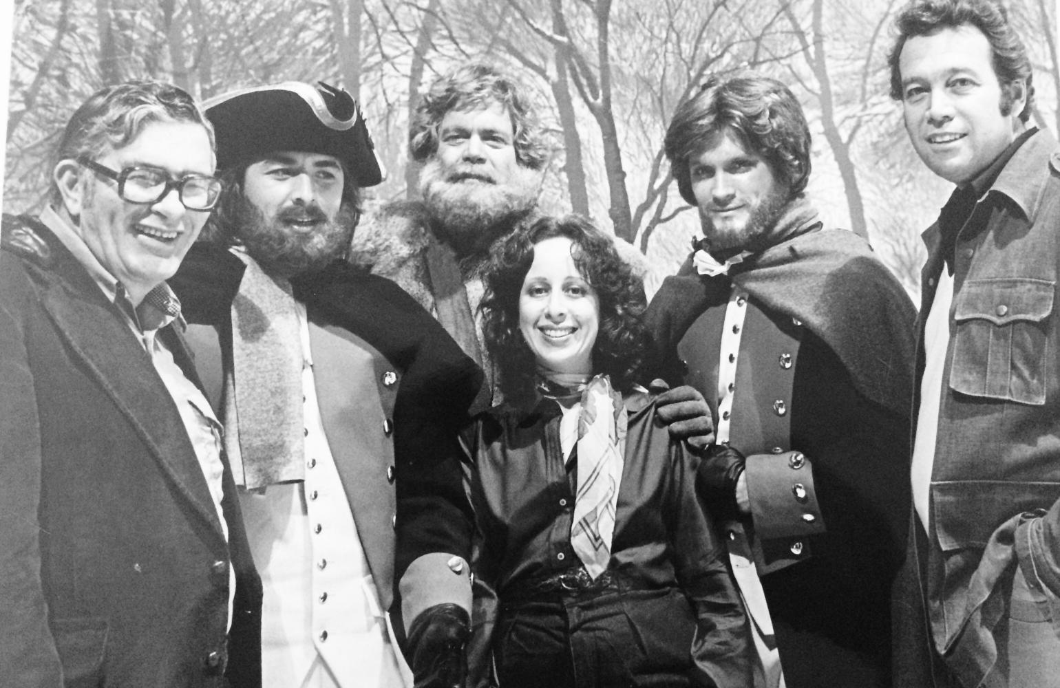 "The Rebels", based on John Jakes' novel. From left: Bob Cinader, Don Johnson (gorgeous even with a beard) as Judson Fletcher, the late Doug McClure (what a nice man!) as Eph Tait, Andrew Stevens as Philip Kent (character originated in "The Bastard"), and Gino Grimaldi, co-producer. I'm in the front, of course, always the shortest. I love being surrounded by these guys.