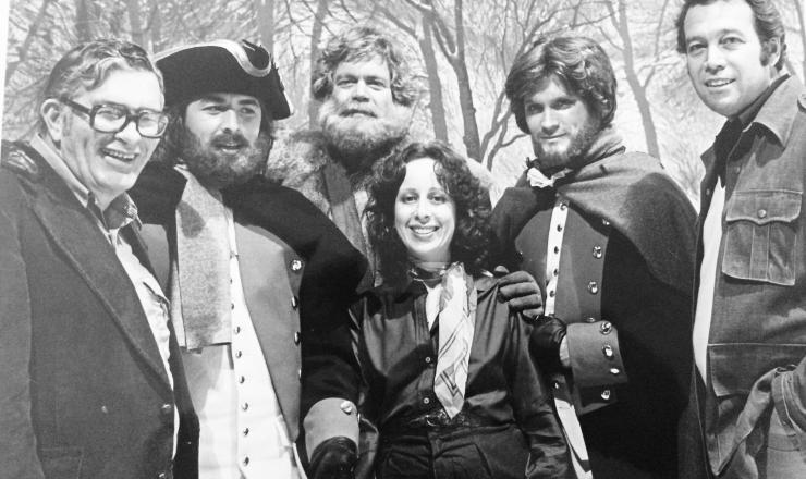 "The Rebels", based on John Jakes' novel. From left: Bob Cinader, Don Johnson (gorgeous even with a beard) as Judson Fletcher, the late Doug McClure (what a nice man!) as Eph Tait, Andrew Stevens as Philip Kent (character originated in "The Bastard"), and Gino Grimaldi, co-producer. I'm in the front, of course, always the shortest. I love being surrounded by these guys.